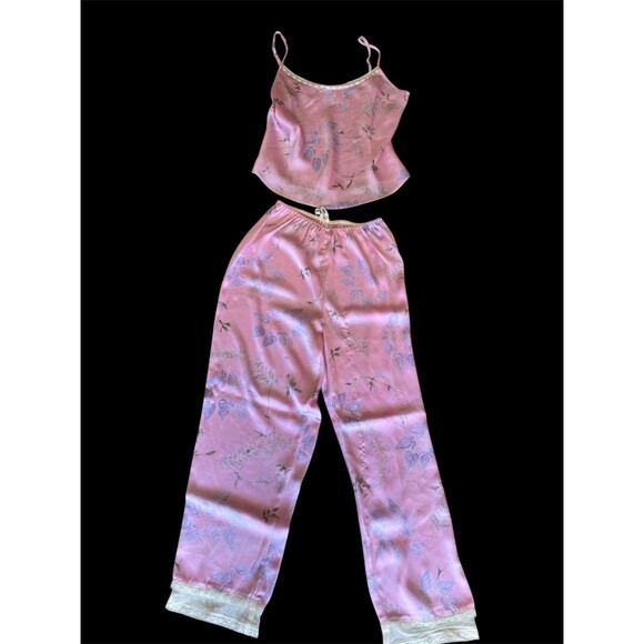 Vtg 90s California Dynasty Pink Satin Cami Pajama Pants 2 Pc Set Lace Trim M - Picture 1 of 11